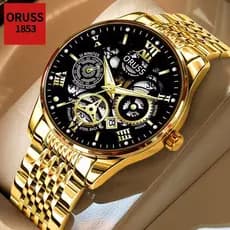 ORUSS Original masculino luxo oco aço inoxidável calendário de ouro luminoso à prova dwaterproof água relógio moda versã