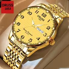ORUSS Original masculino aço inoxidável ouro luxo duplo calendário luminoso à prova dwaterproof água moda relógio de neg