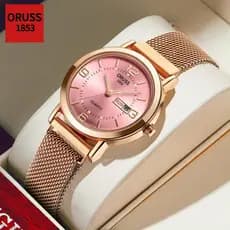 ORUSS Original Feminino Calendário Duplo Aço Inoxidável Luxo Luminoso À Prova D 'Água Moda Rosa Pequeno Relógio Net Stra
