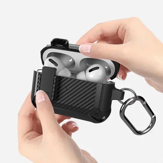 Capa À Prova De Choque De Fibra De Carbono De Camada Dupla Com Trava De Clipe Para AirPods 1 2 3 4 Pro 2 Gen 2a 3a De Fo