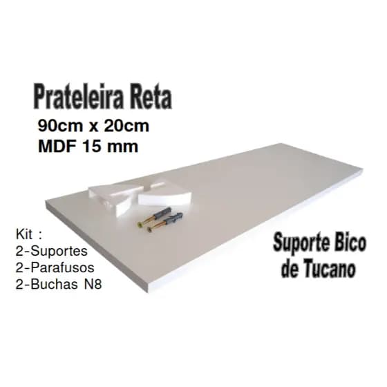 1 Prateleira Lisa Mdf 15mm Branco 90x20 Cm, Com 2 Suportes Bico de Tucano , 2 Buchas e 2 Parafusos