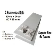 2 Prateleiras Lisa Mdf 15mm Branco 80x20 Cm, Com 4 Suportes Bico de Tucano , 4 Bucha e 4 Parafusos