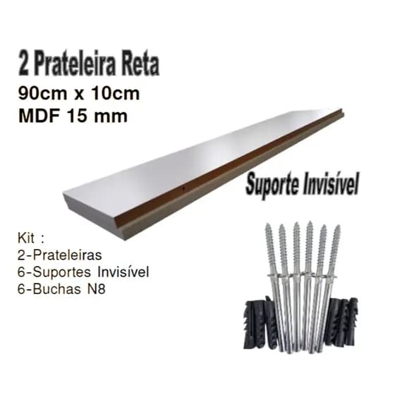2 Prateleiras Lisa Mdf 15mm Branco 90x10 Cm Com Suporte Invisível e Buchas