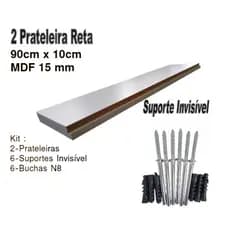 2 Prateleiras Lisa Mdf 15mm Branco 90x10 Cm Com Suporte Invisível e Buchas