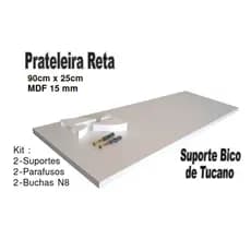 1 Prateleira Lisa Mdf 15mm Branco 90 x 25 Cm, Com 2 Suporte Bico de Tucano , 2 Bucha e 2 Parafusos