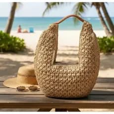 Bolsa Palha Praia Detalhada Zíper Feminina Ombro Boho Chic