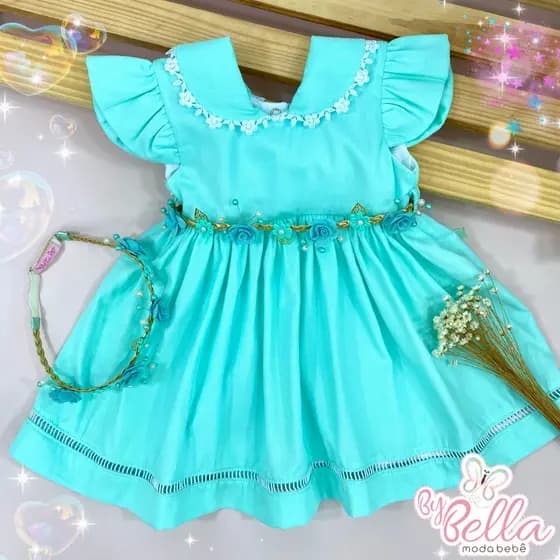 VESTIDO VERDE TIFANY COM CINTO E TIARA MENINA INFANTIL