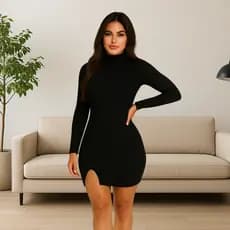 Vestido Feminino Justo Midi Manga Longa Gola Alta Fenda Moda Casual Estilo Elegante Festa Tendência