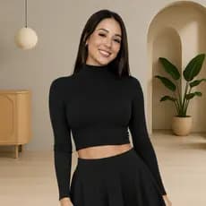 Blusa Cropped Feminina Manga Longa Gola Alta Casual Estilo Elegante Versátil Tendência Blogueira