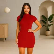 Vestido Feminino Tubinho Curto Justo Colado Manga Curta Gola Alta Moda Estilo Elegante Tendência