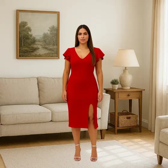 Vestido Feminino Midi Tubinho Justo Fenda Manga Curta Godê Decote V Moda Estilo Elegante Festa