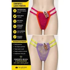 Calcinha fio dental rendada neon com tiras duplas ajustáveis