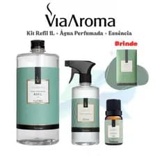 Kit Agua Perfumada 500ml+Refil 1L+Essência 10ml Via Aroma Aromatizador de ambiente Cheirinho p Casa