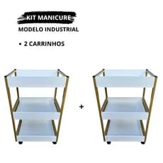 Kit 2 Carrinhos Auxiliar Manicure Salão de Beleza Modelo Industrial Com 3 Bandejas - Mais Agilidade no Atendimento