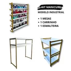 Kit Mesa Manicure + Carrinho Auxiliar + Expositor de Esmaltes Industrial