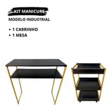 Kit Mesa Para Manicure + Carrinho Organizador Auxiliar com Rodinhas Modelo Industrial