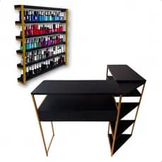 Mesa Industrial Manicure em L – Preta com Suporte de Esmaltes Incluso