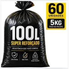 Saco de Lixo 100L Super Reforçado Não Rasga 5KG 60 Unidades Alta Resistência Profissional
