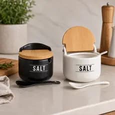 Saleiro Porcelana Preto Luxo Tampa Fixa Bambu 300gr Design Moderno Cozinha 290ml