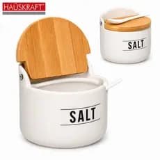 Saleiro de Porcelana Branco com Tampa de Bambu e Colher Estilo Manhattan