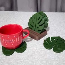 Kit Porta Copos Folha Monstera com Base | Conjunto Decorativo para Sala e Cozinha