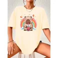 Camiseta Capybara arco-íris Feminina Camisa Algodão Capivara Fofinha