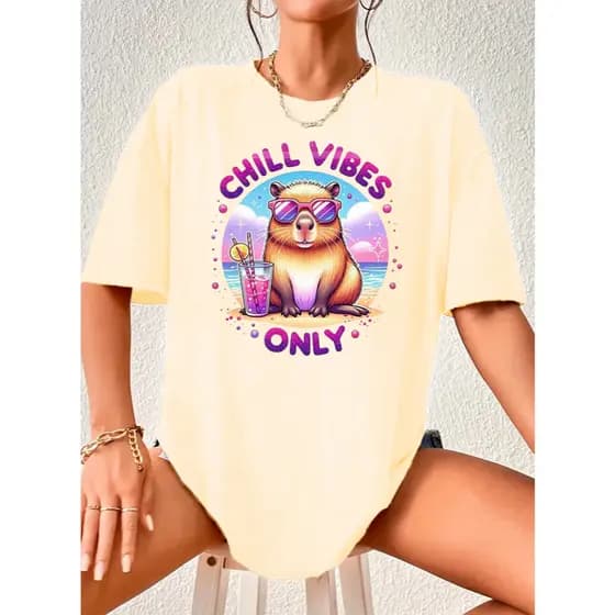 Camiseta chill vibes only Capybara Feminina Camisa Algodão Capivara Fofinha