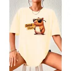 Camiseta Good Vibes Capybara Feminina Camisa Algodão Capivara Fofinho
