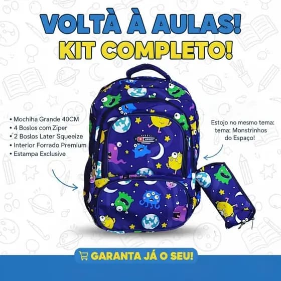 Mochila Escolar Infantil Masculina Espaço Monstrinhos Com Estojo Infantil Menino Volta Às Aulas Kit Escolar