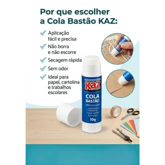 Cola Bastão KAZ Escolar  Secagem Rápida Atividades Infantil Material Escolar