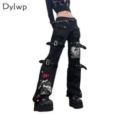 Mulheres Goth Punk Cintura Alta Jeans Harajuku Rua Fivela De Metal Hip Hop Impressão Solta Calças &-*