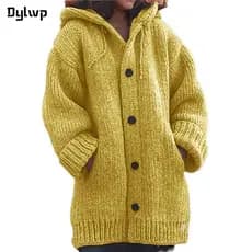 Casaco Longo De Malha Com Capuz Feminino Plus Size De Outono Inverno Manga Longa Cor Sólida Solto