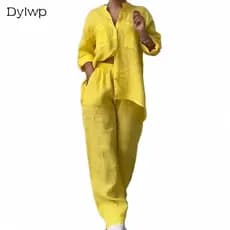 Conjuntos Femininos Camisa De Manga Comprida E Calças Largas Primavera Outono Casual Cor Sólida Conjunto De Duas Peças-&
