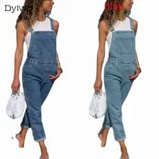 Calça Macacão Jeans Feminina Dylwp Plus Size Cor Sólida Workwear