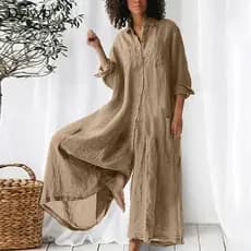 Macacão Camisa Feminina 2026 Verão Casual Retro Solto Macacões Longos Feminina
