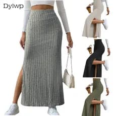Saia Longa Feminina De Malha Canelada Primavera E Outono Cintura Alta Fenda Lateral Slim Bodycon Saias