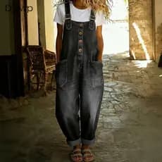 Macacão Jeans Solto Vintage Feminino Com Alça Ajustável E Botão Frontal Bolsos