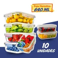 Conjunto Potes 640ml e 370ml Vidro Hermético 4 Travas Marmita