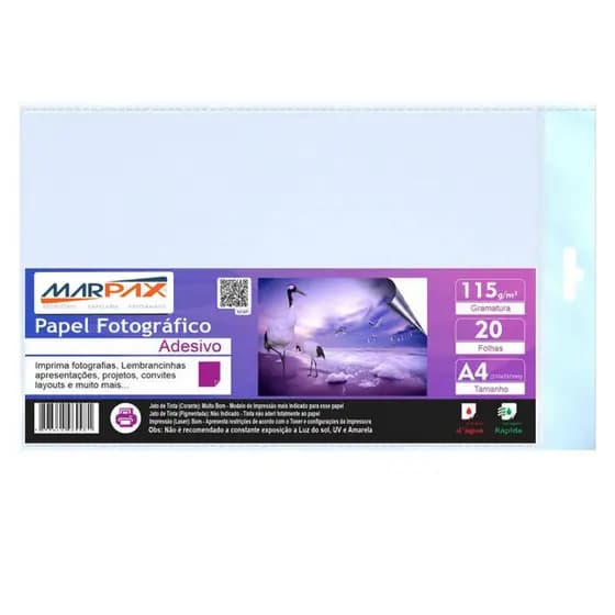 Papel Fotográfico Adesivo 115g A4 210x297mm Marpax 20 Fls