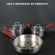 Conjunto C/ 3 peças Panelas Aço Inox p/ Fogão de Indução/ Eletrico e a Gás - Cabo Vermelho