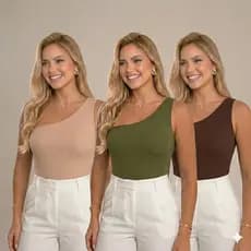 Kit 3 Body Um Ombro Só Mula Manca Feminino Suplex Moda Básica Blogueira Nula Manga