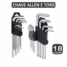 Kit Jogo de Chave Torx + Chave Allen Longa 18 Peças Aço Cromo Vanadium + Suporte Flexivel