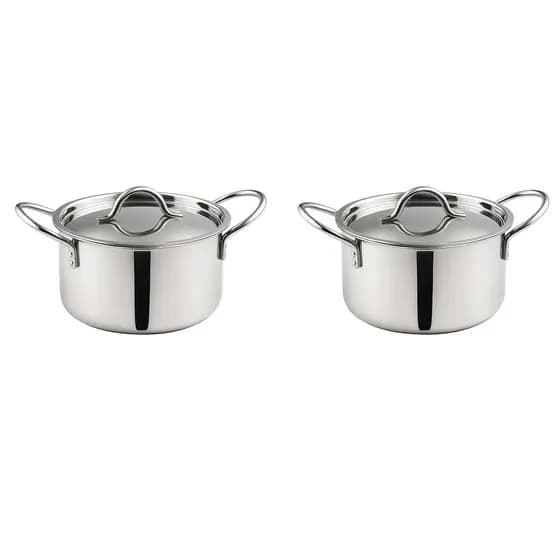 Kit 2 Mini Caçarolas de Aço Inox com Tampa Mini Panela Para Servir Buffet Foods Finger