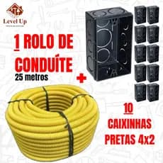 Conduíte Eletroduto Corrugado Reforçado Flexível 25 Metros Kit + 10 Caixinhas 4x2 Preta