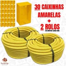 Conduíte Eletroduto Corrugado 3/4 Reforçado Flexível Amarelo Kit 2 Unidades + 30 Caixinhas de Luz Amarela 4x2