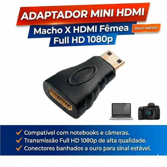 Adaptador Mini HDMI Macho X HDMI Fêmea Full HD 1080p P/ Notebooks, Câmeras Fotográficas, Outros