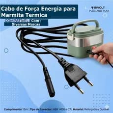 Cabo de Força Energia Tipo-8 para Marmita Termica Elétrica Portatil Bivolt 110/220V