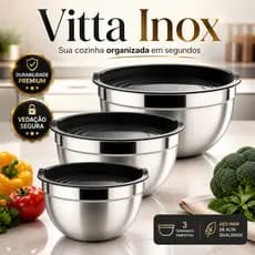 Kit 3 Bowls Inox com Tampa Silicone Vitta Inox Collection Potes Herméticos Cozinha Tigelas Inoxidáve