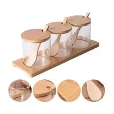 Kit 3 Potes de Bambu Porta Temperos c/ Suporte e Colher MEK