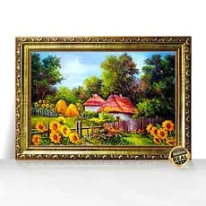Quadro Decorativo A3 Verão Campestre Chalés Coloridos Moldura Trabalhada